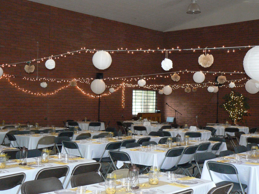 wedding reception with paper lanterns and coffee filters