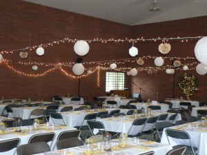 wedding reception with paper lanterns and coffee filters