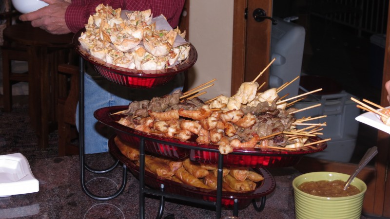 Beef, Shrimp & Chicken Satays, Egg Rolls, Chicken Won Ton cups